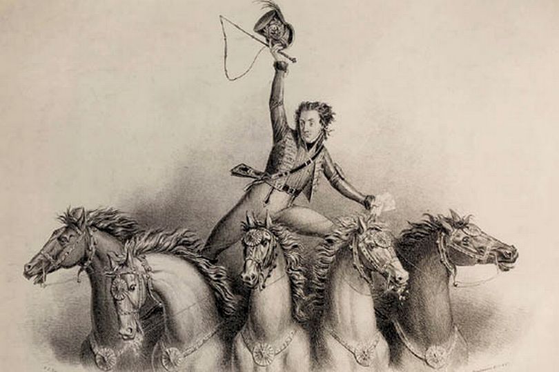 Image of the father of circus Philip Astley performing one of his tricks with his horses