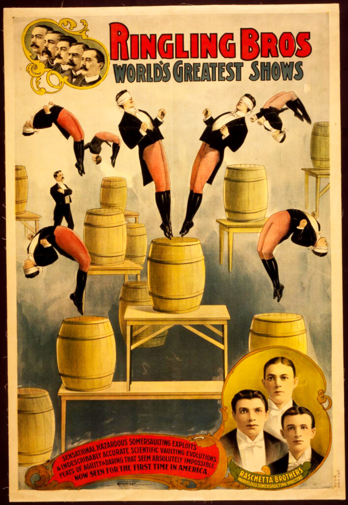 Vintage circus poster advertising an exciting show with daring performers and amazing acts