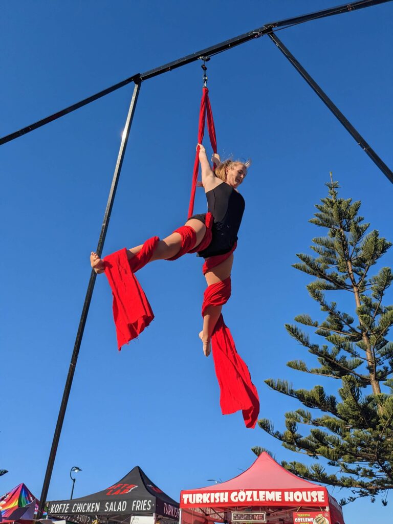 Bringing our aerial rig to Active Fest means we can offer safe and expert led aerial workshops in silks, trapeze or lyra.