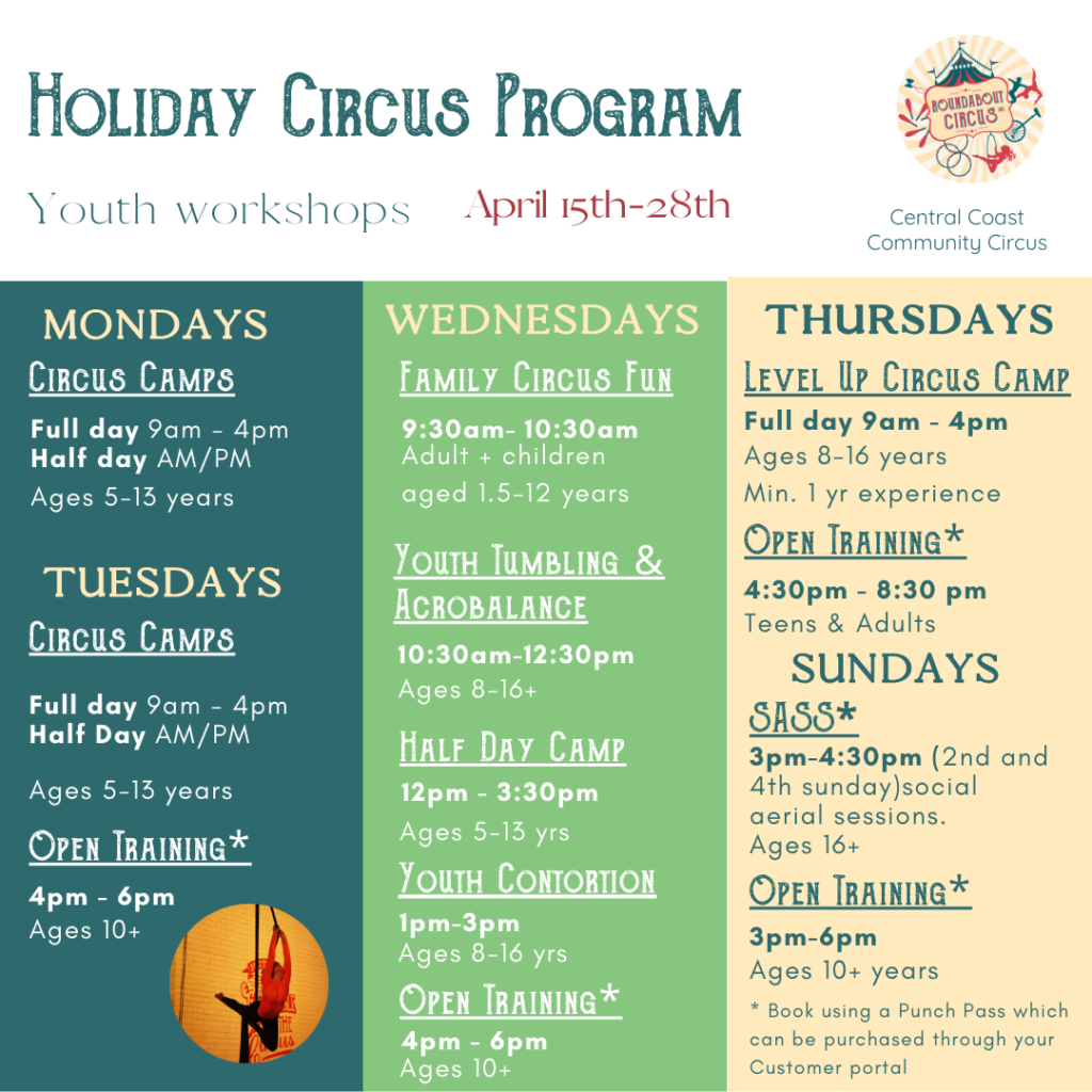 Circus holiday program -Kids & youth workshop timetable