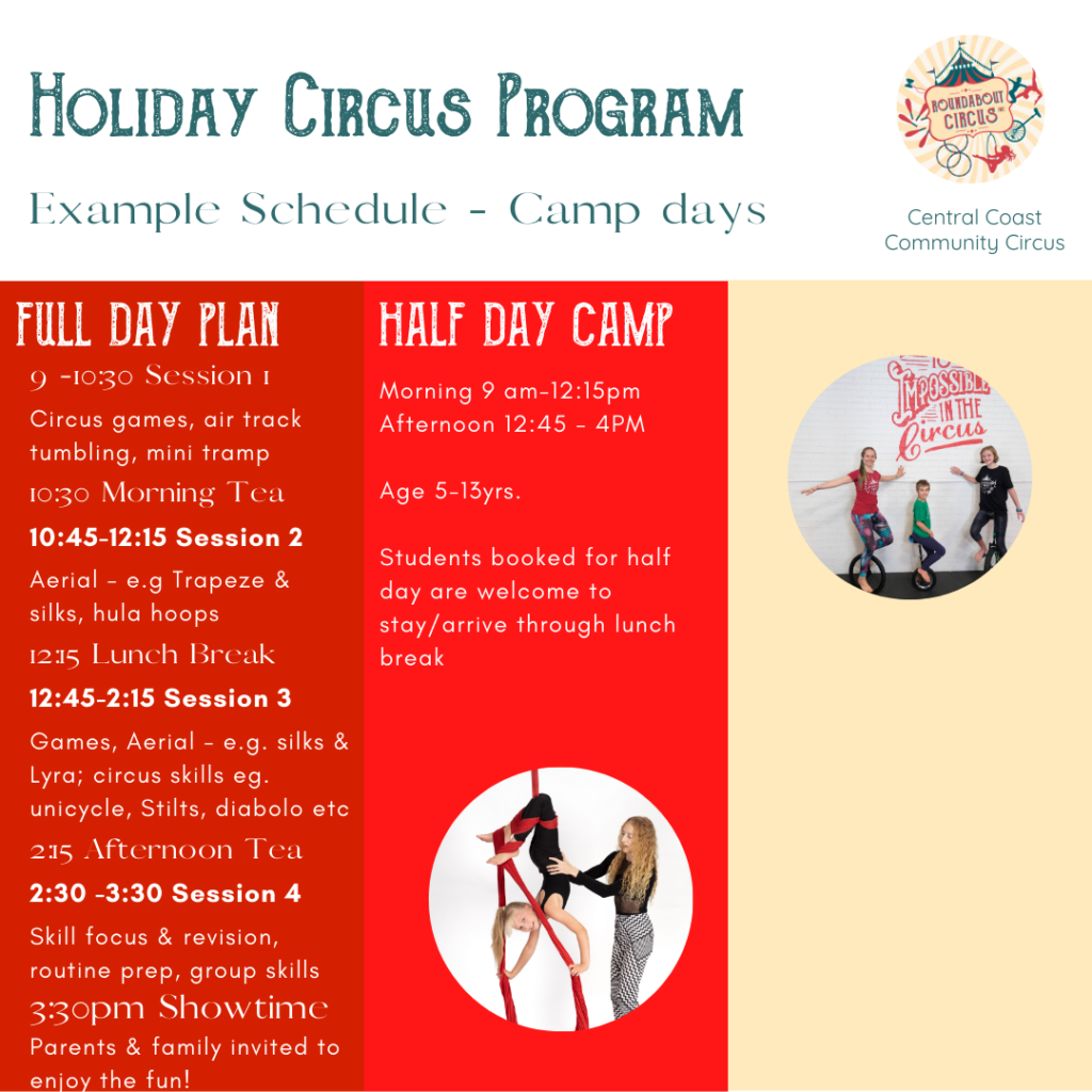 Circus Camp Holiday program full day schedule
