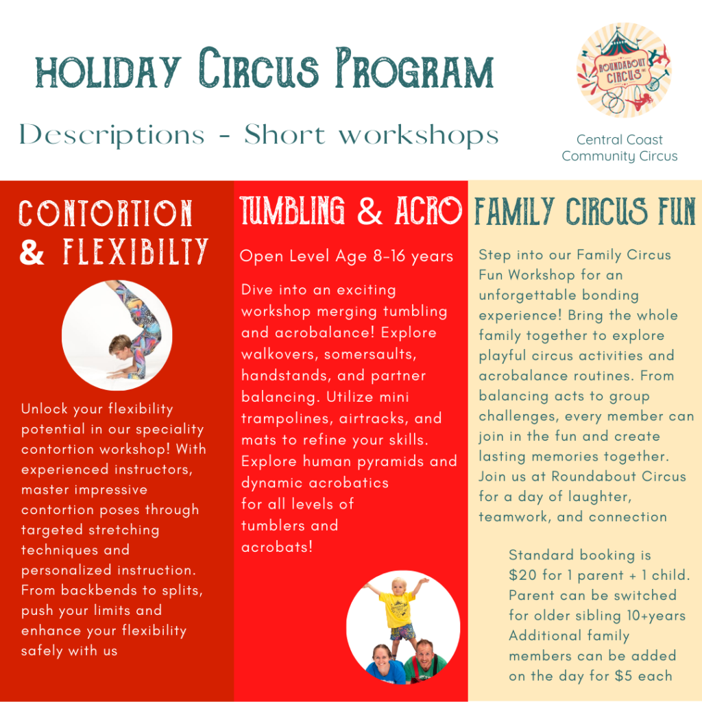 Holiday program circus workshop descriptions Contortion, flexibility, tumbling, acro and family circus fun